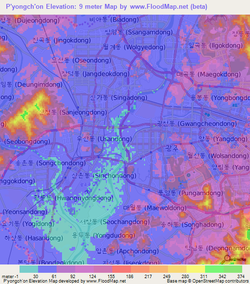 P'yongch'on,South Korea Elevation Map