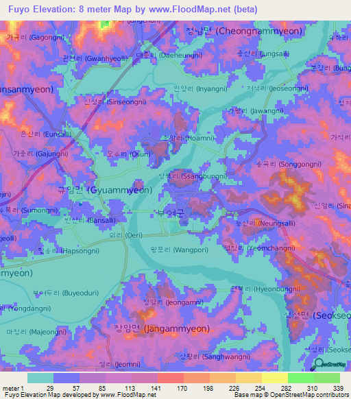 Fuyo,South Korea Elevation Map