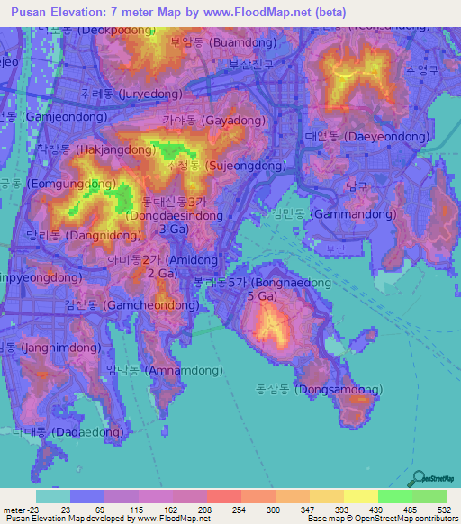 Pusan,South Korea Elevation Map