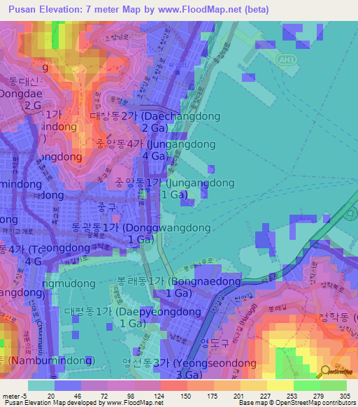 Pusan,South Korea Elevation Map