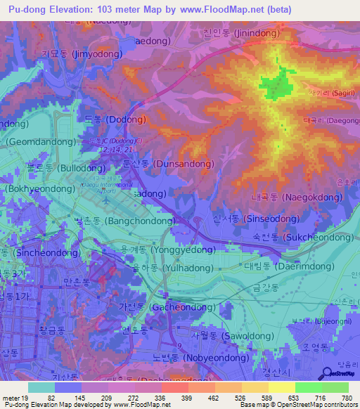 Pu-dong,South Korea Elevation Map