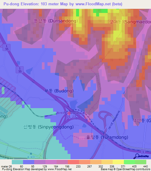 Pu-dong,South Korea Elevation Map