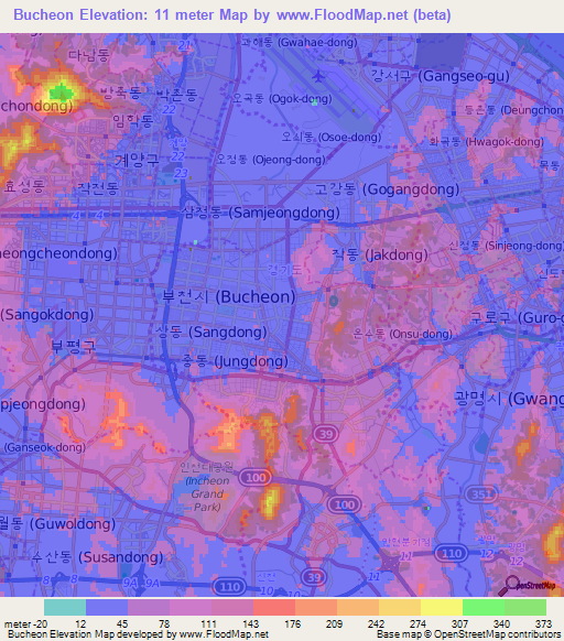 Bucheon,South Korea Elevation Map