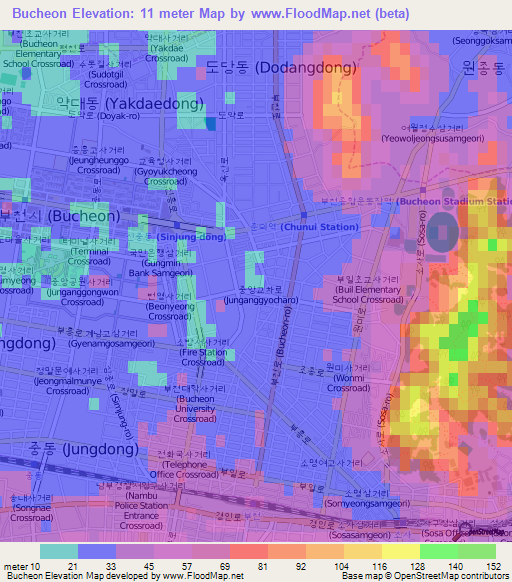 Bucheon,South Korea Elevation Map