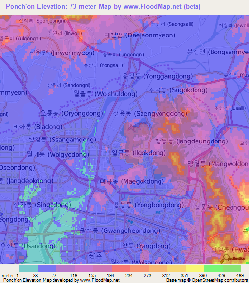 Ponch'on,South Korea Elevation Map