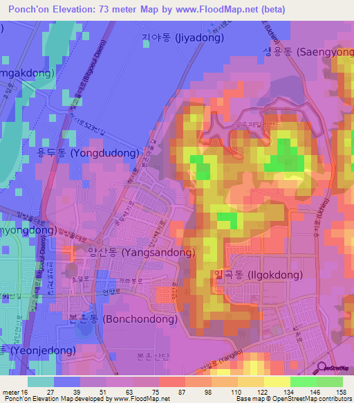 Ponch'on,South Korea Elevation Map