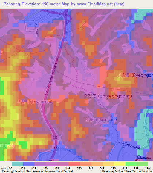 Pansong,South Korea Elevation Map