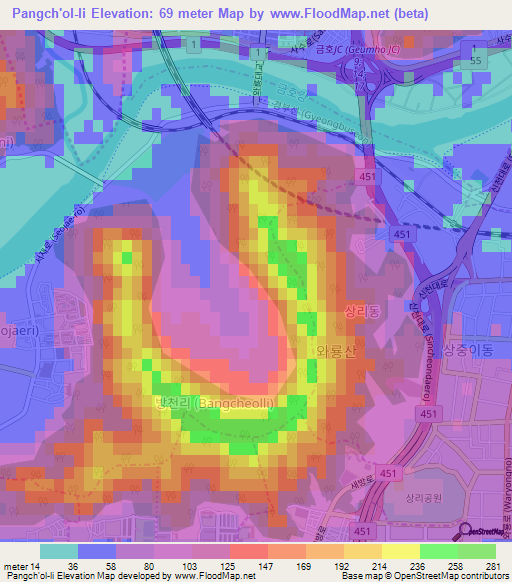 Pangch'ol-li,South Korea Elevation Map