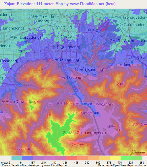 P'ajam,South Korea Elevation Map