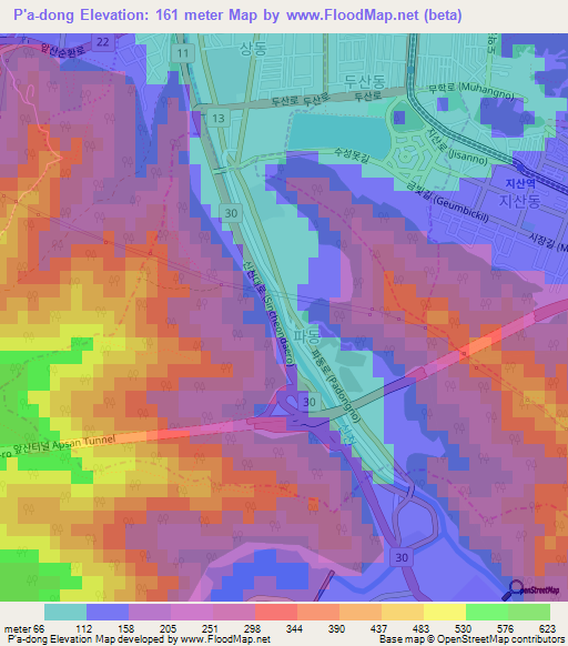 P'a-dong,South Korea Elevation Map