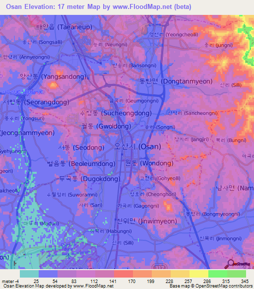 Osan,South Korea Elevation Map