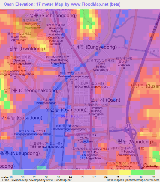 Osan,South Korea Elevation Map