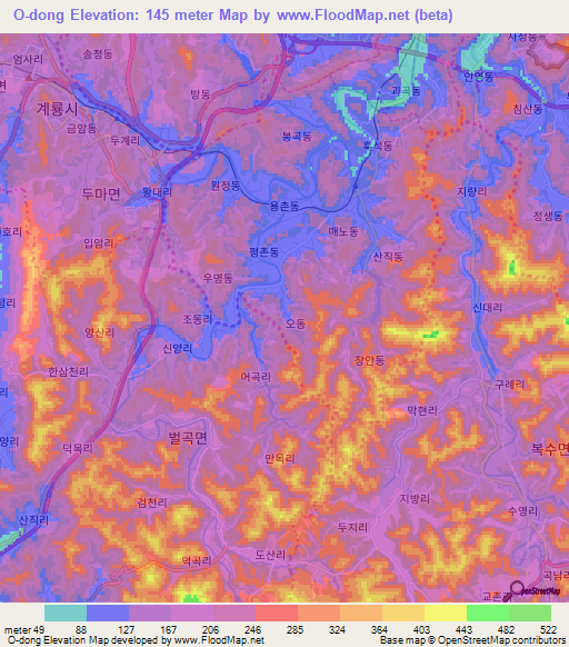 O-dong,South Korea Elevation Map