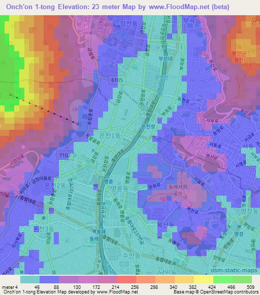 Onch'on 1-tong,South Korea Elevation Map