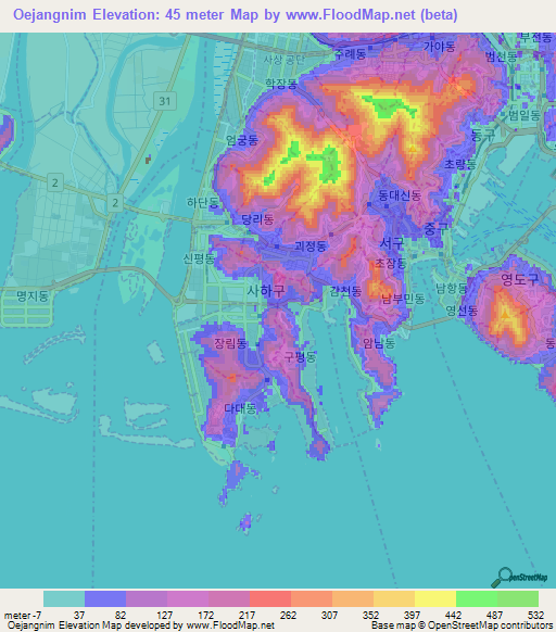 Oejangnim,South Korea Elevation Map