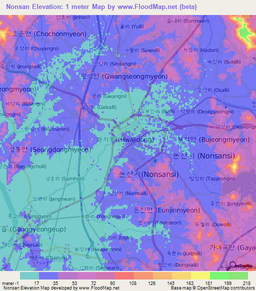Nonsan,South Korea Elevation Map