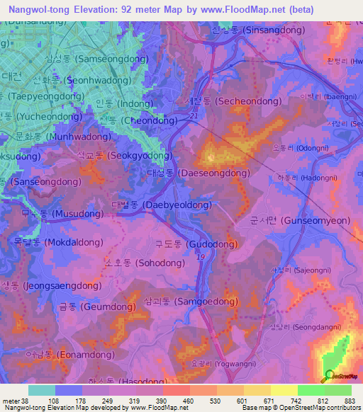 Nangwol-tong,South Korea Elevation Map