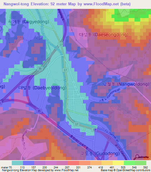 Nangwol-tong,South Korea Elevation Map