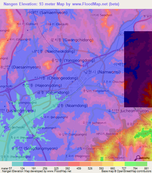 Nangen,South Korea Elevation Map