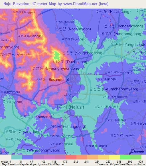 Naju,South Korea Elevation Map