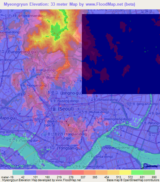 Myeongryun,South Korea Elevation Map