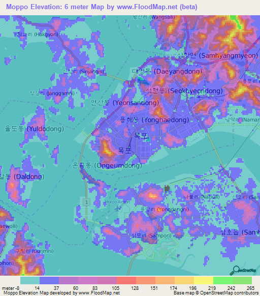 Moppo,South Korea Elevation Map