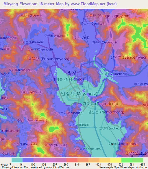 Miryang,South Korea Elevation Map