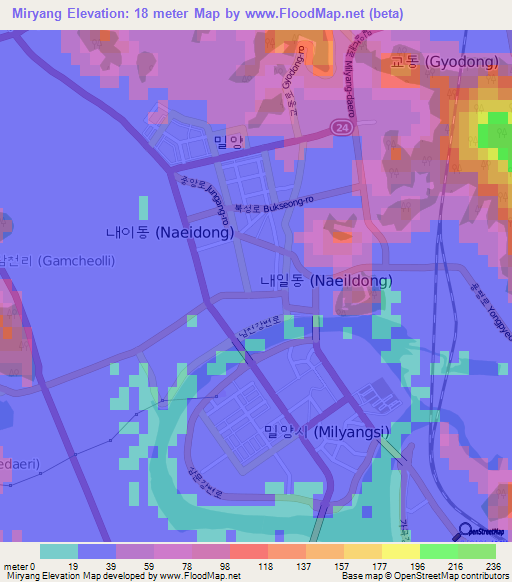 Miryang,South Korea Elevation Map