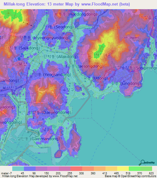 Millak-tong,South Korea Elevation Map