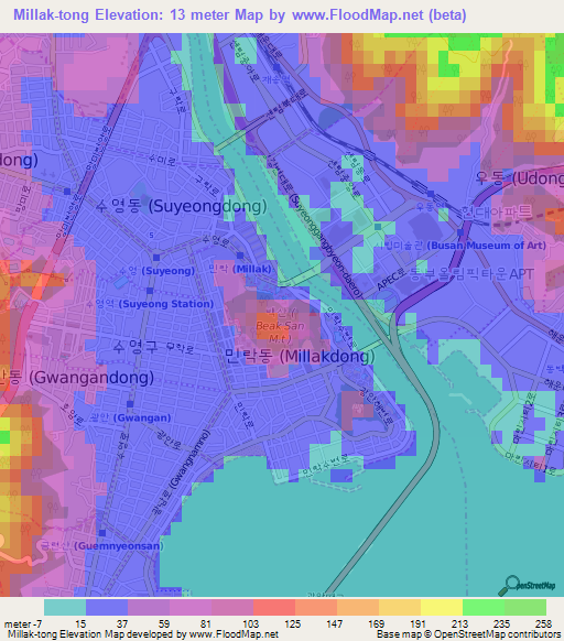 Millak-tong,South Korea Elevation Map