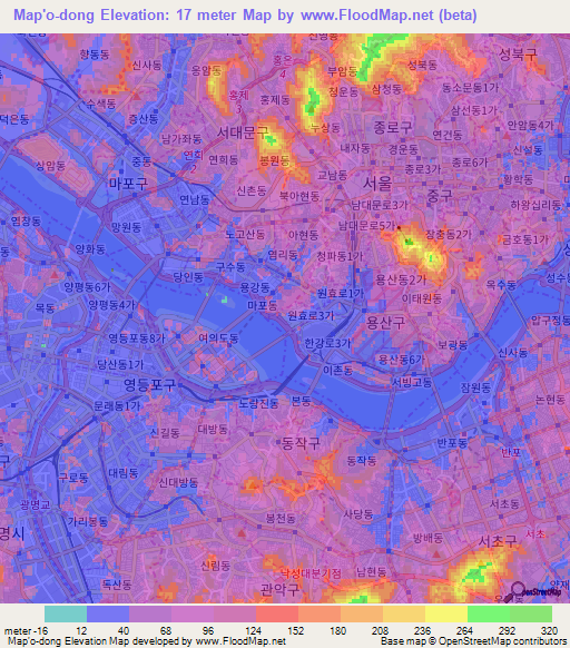 Map'o-dong,South Korea Elevation Map