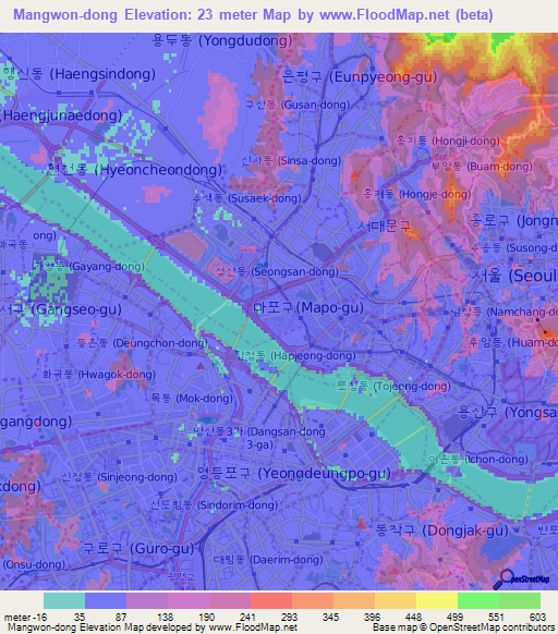Mangwon-dong,South Korea Elevation Map