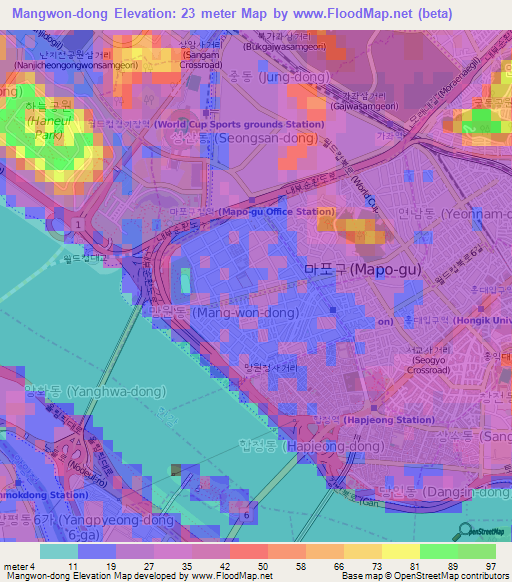 Mangwon-dong,South Korea Elevation Map