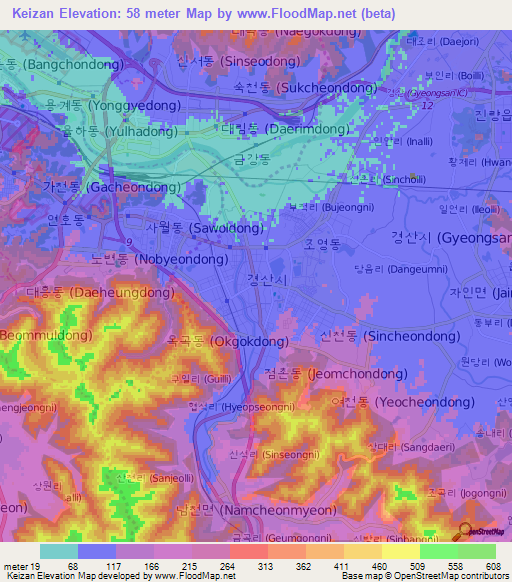 Keizan,South Korea Elevation Map