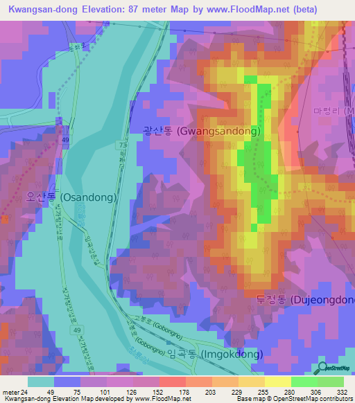 Kwangsan-dong,South Korea Elevation Map