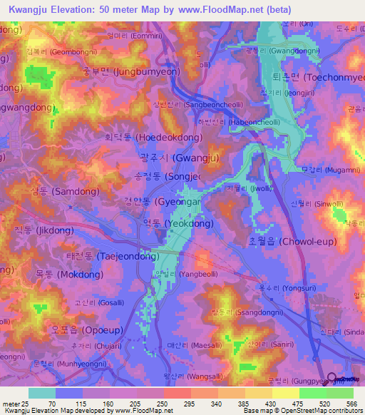 Kwangju,South Korea Elevation Map