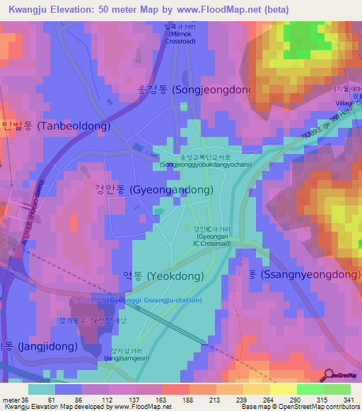 Kwangju,South Korea Elevation Map