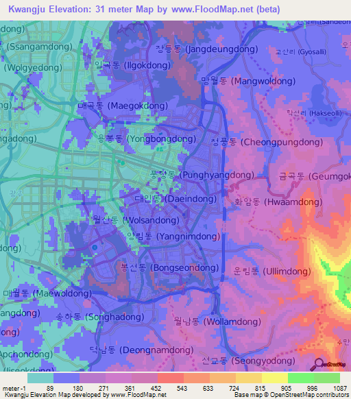 Kwangju,South Korea Elevation Map