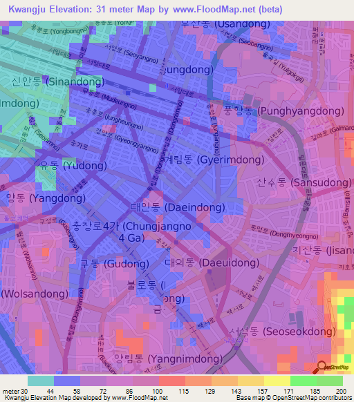 Kwangju,South Korea Elevation Map