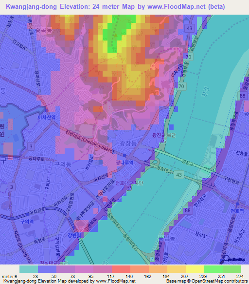 Kwangjang-dong,South Korea Elevation Map