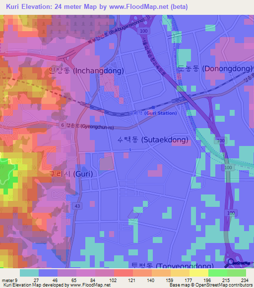 Kuri,South Korea Elevation Map