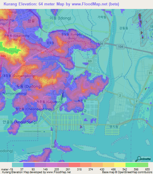 Kurang,South Korea Elevation Map