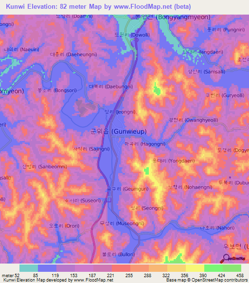 Kunwi,South Korea Elevation Map