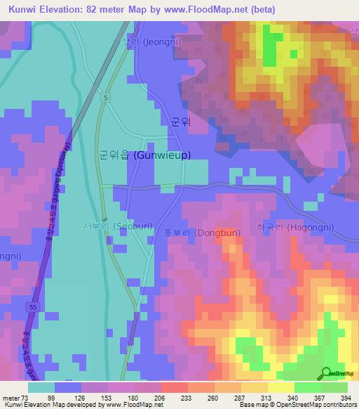 Kunwi,South Korea Elevation Map