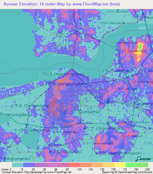 Kunsan,South Korea Elevation Map