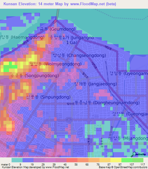 Kunsan,South Korea Elevation Map