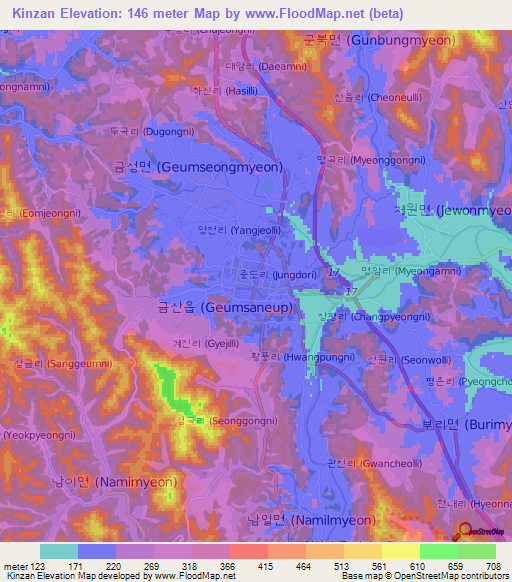 Kinzan,South Korea Elevation Map