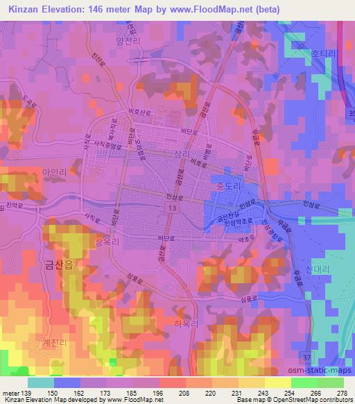 Kinzan,South Korea Elevation Map