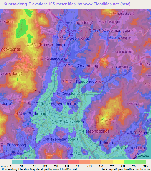 Kumsa-dong,South Korea Elevation Map