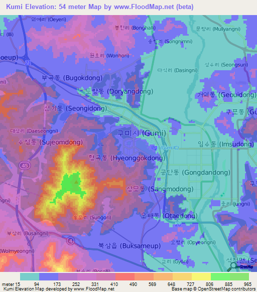 Kumi,South Korea Elevation Map
